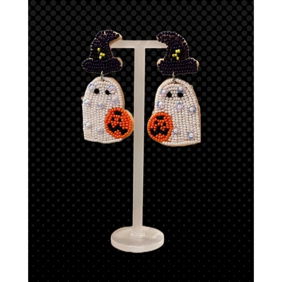 Spooky-Cute Sequin Beaded Ghost/Witch With Pumpkin Pierced Dangle Earrings NWT - Picture 2 of 4